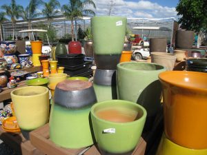 Yard of dozens of pots for desert garden