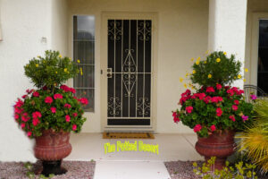 Entry to a Desert Home with Potted Geraniums and Yellow Daisy Tree by the Potted Desert
